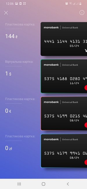 Карты с разными валютами в приложении Монобанка